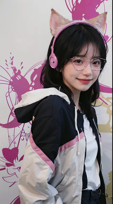 Perfect centering, a cute little cat, Wear a student team jacket, Wearing sunglasses, Wearing headphones, Big smile, Standing position, Abstract beauty, Centered, Looking at the camera, Facing the camera, nearing perfection, Dynamic, Moonlight, Highly deta...