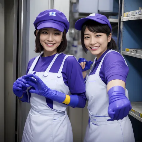 Japan female in her 30s,Wearing a blue workwear shirt,Wearing a blue cap hat,a smile,Showing you around the warehouse,Recruitment,piece sign、Enamel gloves、Purple enamel gloves、Purple enamel gloves、long rubber gloves in purple、Glossy purple gloves