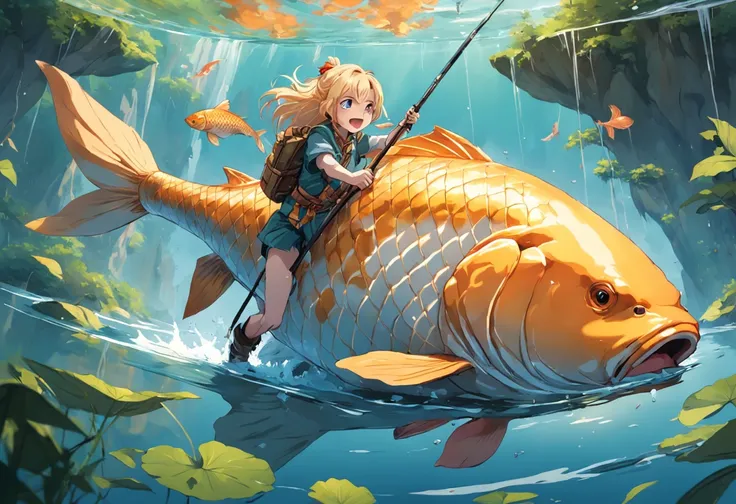 An illustration of an adventurer riding a giant carp on the surface of the water. The stage of the illustration is a vast lake. The water of the lake is crystal clear. A giant carp floats in the middle of the lake. An adventurer is riding on the carps back...