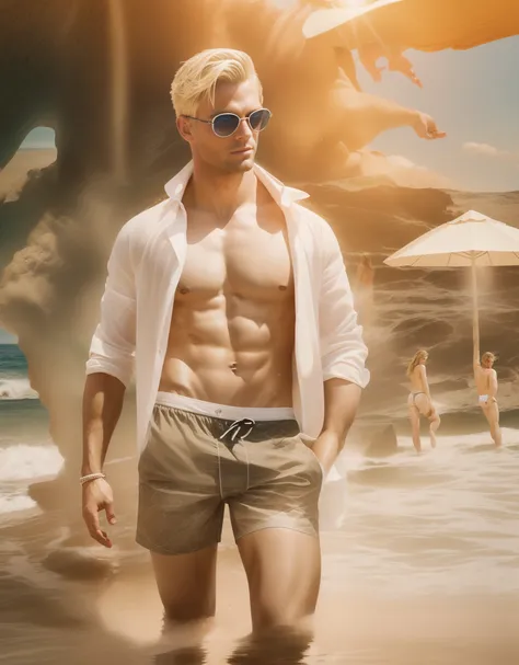 1 Sexy blonde handsome, in swimming trunks,  at a beach, suntan, Cocktail, sweaty, 30 thousand..........., Masterpiece, in detail, higly detailed, ultrarealism, Doubleexposure, cinematiclight