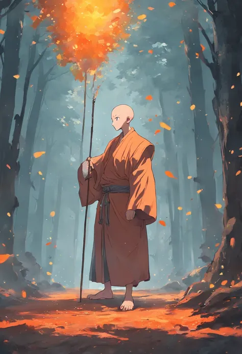 A monk，bald-headed，Wearing monk robe，Bring your luggage，Riding a white horse，at a forest，Snes painting