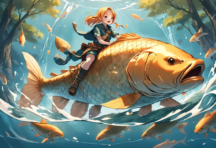 An illustration of an adventurer riding a giant carp on the surface of the water. The stage of the illustration is a vast lake. The water of the lake is crystal clear. A giant carp floats in the middle of the lake. An adventurer is riding on the carps back...