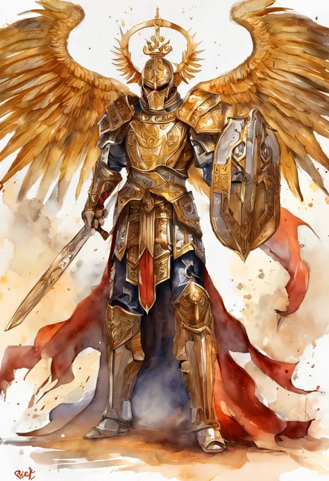 St. Giles，The ninth heir of the emperor，Wear gold power armor，Behind the back of the day, let the wings spread，Set with 3 blood-red gemstones on the chest，Holding the Sword of Truth in his hand, a raging fire burned，Sun pattern on the back，He is the sun go...