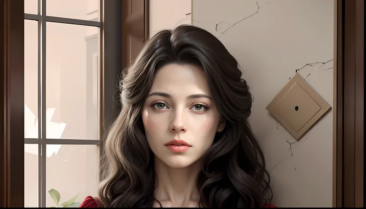 there is a woman with long hair and a red shirt, olhos azuis intensos, imagem realista, No estilo de arte de Bowater, master part! Retrato de Arwen, portrait of a realistic image of the nineteenth century, imagem fotorrealista, Realistic portrait, foto rea...