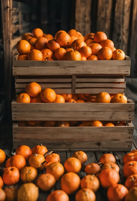 a wooden crate full of oranges