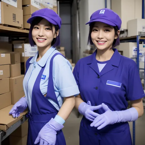 Japan female in her 30s,Wearing a blue workwear shirt,Wearing a blue cap hat,a smile,Showing you around the warehouse,Recruitment,piece sign、Enamel gloves、Purple enamel gloves、Purple enamel gloves、long rubber gloves in purple color,、Glossy purple gloves