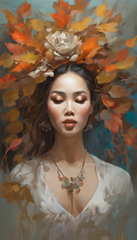 White face and white head，Asian woman holding microphone singing，Autumn leaves， beautiful fantasy portrait, beautiful fantasy art portrait, Beautiful surreal portrait, fantasy portrait, fantasy art portrait, detailed matte fantasy portrait, portrait of a d...