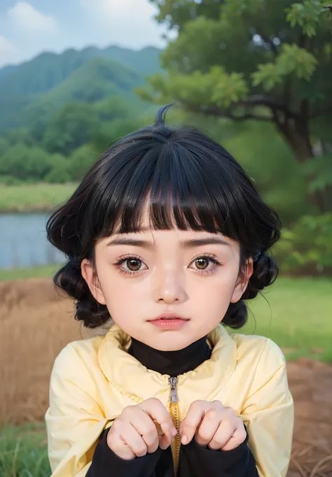 real Life adaption of this character,her name is Himawari Uzumaki from anime naruto ,hyper realistic ,detailed hair, high resolution, photorealistic,very detailed,realistic outfit ,Japanese cute face,detailed shining eyes,