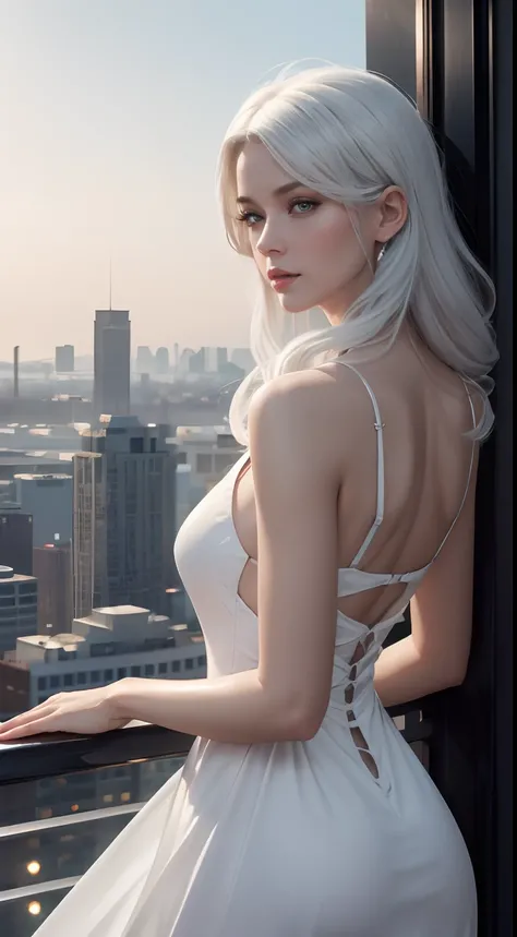 Masterpiece, Best quality, (Photorealistic:1.4), full bodyesbian, (dress:1.1), view over city, Cinematic light, Beautiful woman, ((From behind)), Skinny, Large breasts, White hair, rim, Detailed face,