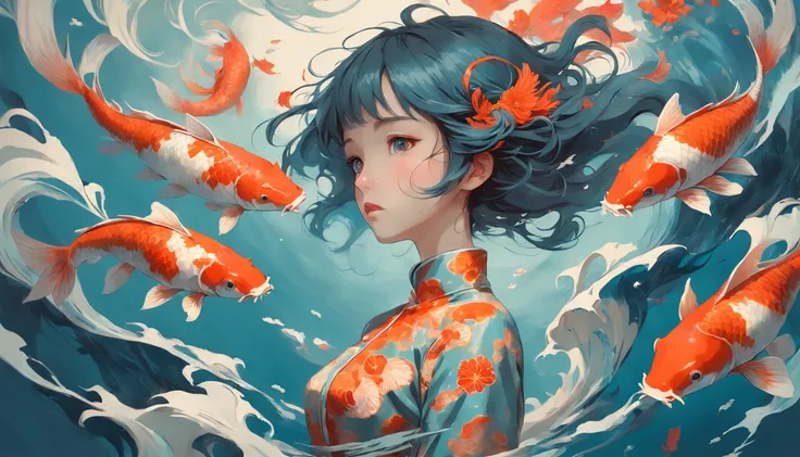 Girl,the sky full of koi,girl wearing a koi cheongsam,Cubism,Surrealism,(abstracted:1.2)(girl) made up of (koi:1.2),turning into a (Alphonse Mucha+Peter Mohrbacher+zdzislaw beksinski) style koi,air water,