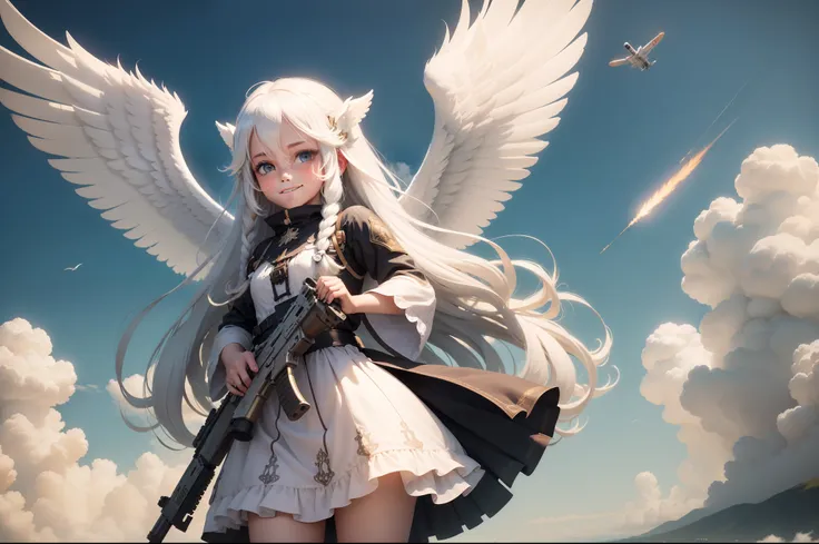 Indescribably cute, slyly smiling, Satisfied with very long white hair, with huge angel wings, soars among the clouds, In the hands of a six-barreled machine gun, high quality textures, Realistic