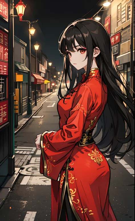 Long black hair, female side face, black and red cheongsam, under street lamps