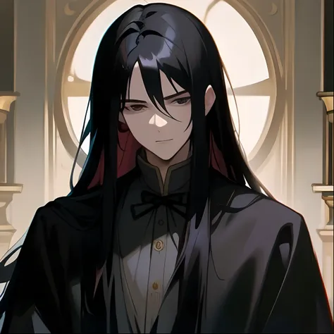 with his long black hair,  with long dark hair, male people，Adonis，face expressionless，Dark broad-sleeved python robe，Positive perspective，The eyes are cold，Sword-eyed stars，Inky black eyes