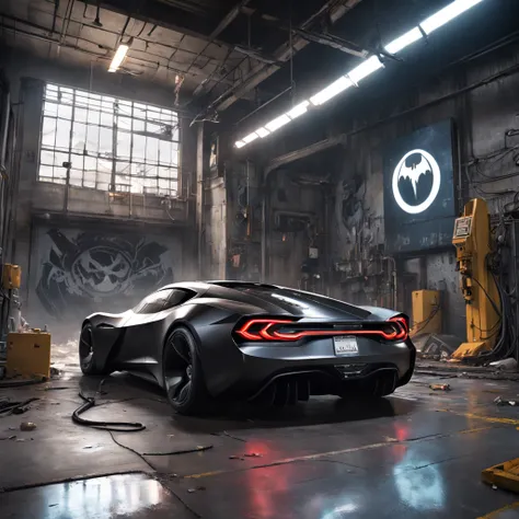 Wide-angle Banksy-inspired street art portrait, (Gotham City Garage) (Tesla Batmobile) tesla {{{batmobile}}}, A marvel of engineering and design, Marry fashion, The futuristic aesthetic of Teslas design spirit with the menacing and formidable characters of...