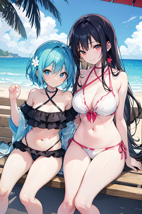 2girls, anime image of two girl in bikinis sitting on a bench, in the beach, at the beach, on a sunny beach, at a beach, two beautiful anime girls, on a beach, realistic bikini, beaching, anime girls, beach pic, at the seaside, relaxing at the beach, on th...