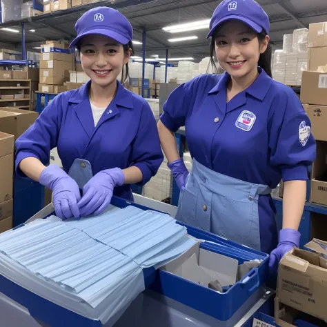 Japan female in her 30s,Wearing a blue workwear shirt,Wearing a blue cap hat,a smile,Showing you around the warehouse,Recruitment,piece sign、Enamel gloves、Enamel Long Gloves、Purple enamel gloves、long rubber gloves in purple color,,、Glossy purple gloves