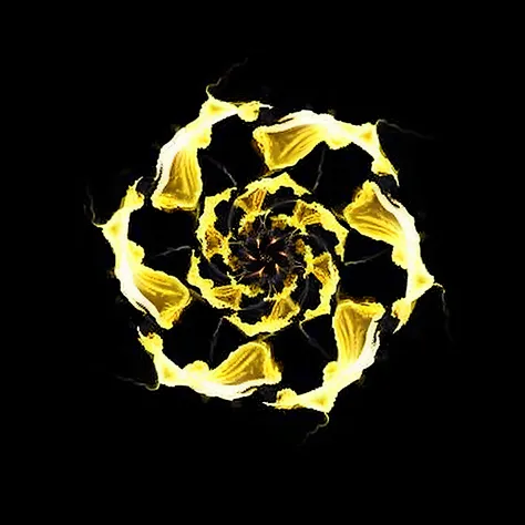 a close up of a yellow flower on a black background, fire powers fire swirling, flame vortex, flame fractal, swirling fire flames cosmos, swirling flames, plasticized spiral flames, fractal burning halo, by Aleksander Kotsis, by Maxwell Bates, by Robert Ri...