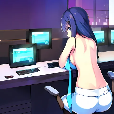 1girll,playgame,From behind,Large monitor,computer keyboard,backless