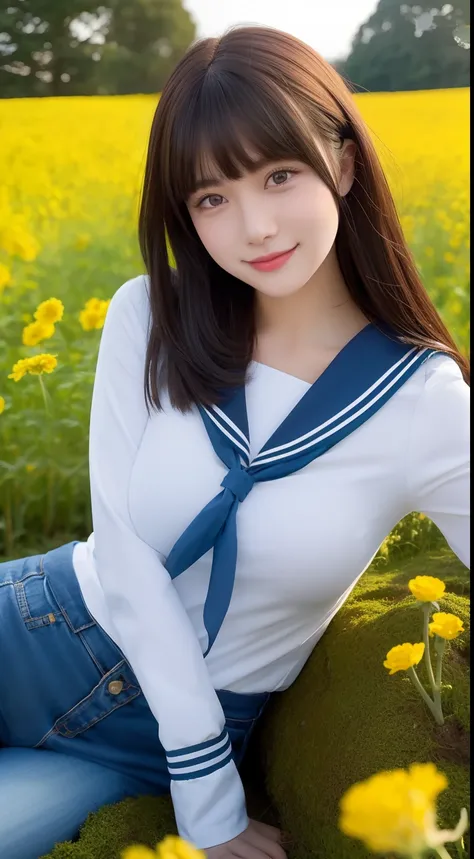 A smiling girl，Wear a tight sailor suit，denim pant，Lying on a large mossy rock in the middle of a field of rape flowers，com rosto detalhado，The eyes are delicate，The photo quality is the best，Realistic image quality，Background diffuse lighting，Depth of fie...