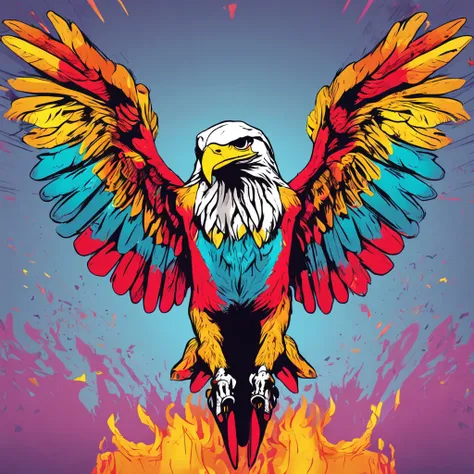 aguila esqueleto envuelta en fuego volando, rodeada de colores luminosos, futurista, estilo warhol