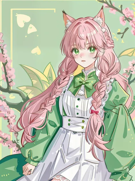 cat ear，teens girl，white  skirt，Puffy sleeves，Lace，dual horsetail，Twist braids，A pink-haired，Green eyes，Sakura Kinomoto，adolable，quadratic element，Wallpapers