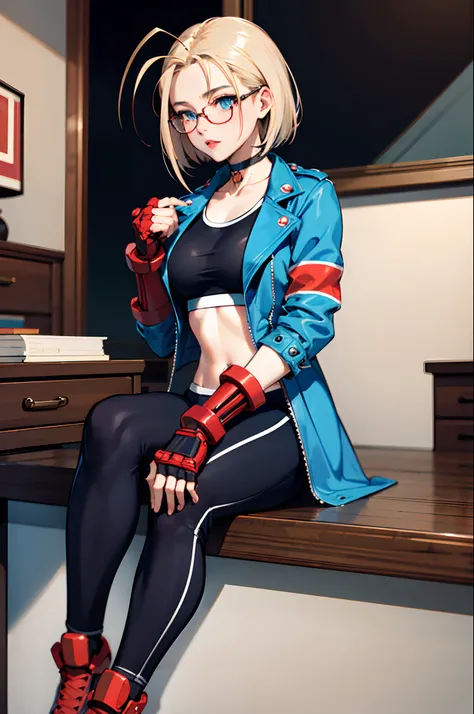 masterpiece, best quality, highres, 1girl, cammy white, short hair, antenna hair, blue eyes, scar on cheek, large breasts, black choker, collarbone, blue jacket, cropped jacket, open jacket, sports bra, midriff, fingerless gloves, black gloves, black pants...