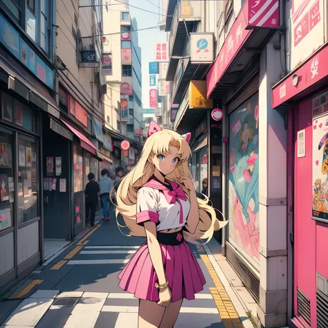 Manga illustration Poster color, Sailor Moon, With long blonde hair, wearing pink short sleeves, Shibuya Street, street photos,record store entrance, wearing 90s street clothes, Front, --AR 2:3 --style expressive --s 400，Hand detail。