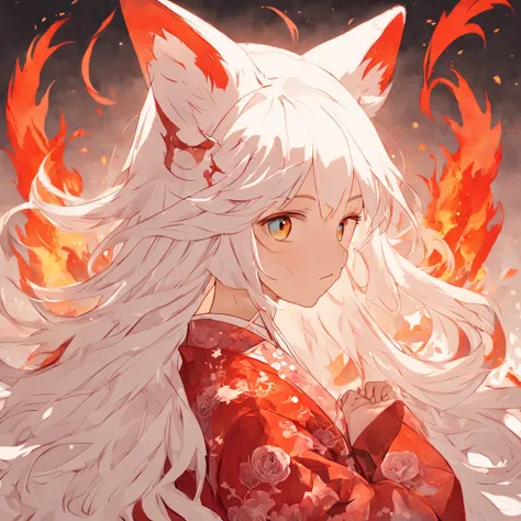 (White background:1.4),(Silhouette of a girls head, Eyes closed, Long white hair,White fox ears，Has 9 fluffy fox tails，The tail has a flaming red color at the end， Oriental elements)，(Chinese illustration:1.3，paper art:1.3, Quilted paper art:1.2),( reasona...