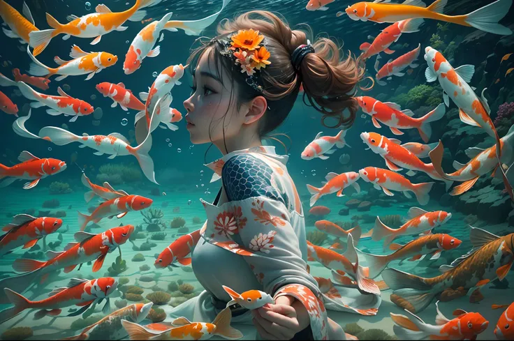 "RAW photo, best,masterpiece, best quality, high quality, extremely detailed,((a beautiful woman dives next to some koi fish)), in an underwater world full of corals, sensation of life and movement of the image, the scene seems taken from a movie, hyper-re...