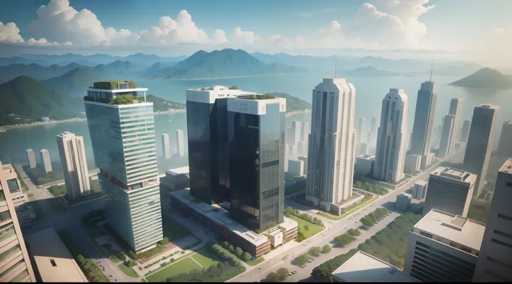 Low-carbon buildings，green architecture，High-rise buildings，Overlook from the air、scenecy、Green building complex、4K、shenzhen、Authentic texture、Size 16：9