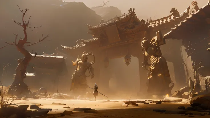 in a desert，In front of the door stands an idol of the god, cgsociety and fenghua zhong, unreal engine 5 digital art, concept-art | feng zhu, award winning concept artist, unreal engine 5 render dramatic, cgsociety contest winner, concept-art ， highly rend...