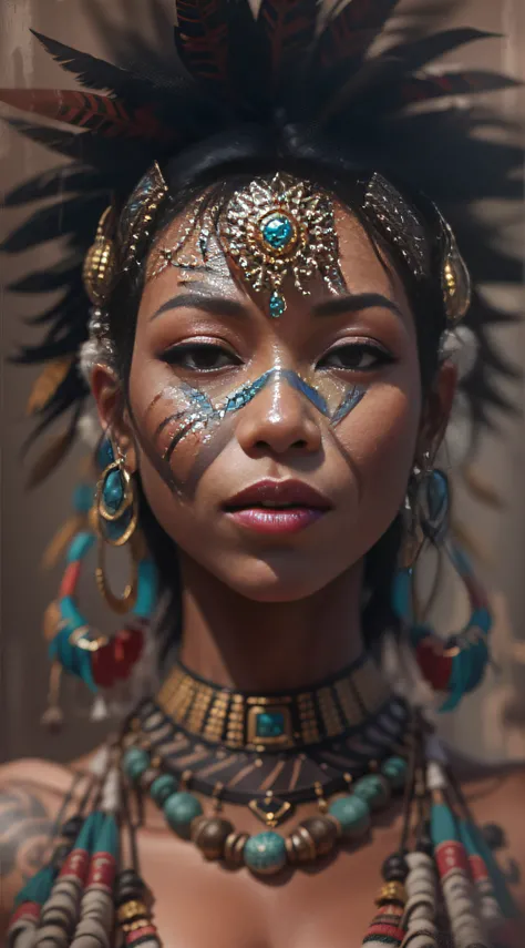 Create a generative painting that captures the unique beauty and complexity of punk female Nubian full body without clothes ((absolutely nude)), asian eyes and nose, tribal feathers, tribal beads, tattoos, enamel, ceramic jewellery, trending on artstation,...