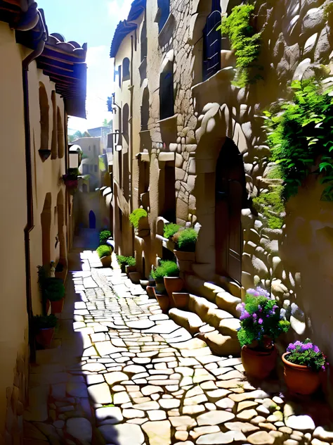 There is a narrow alley，Stone steps lead to the building, ancient city streets behind her, villages ， illusory engine, render in unreal engine 5, made in unreal engine 5, rendering in Unreal Engine 6, created in unreal engine 5, realistic fantasy rendering...