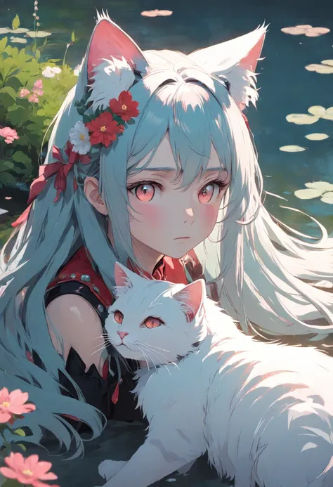 very long hair, flower on head, cat ears, bright pupils, blush, Monet, anaglyph, Fujicolor, outside border, from above, UHD, masterpiece, ccurate, textured skin, 4K, best quality, highres, high quality, UHD, masterpiece, textured skin, highres, best qualit...