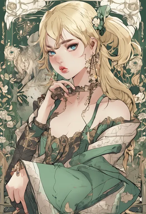 Blonde beautiful girl with double ponytail，Green with a hint of blue eyes，Black belly，bare-legged，Intricate and delicate dress，Tarot cards in hand，Stick out your tongue