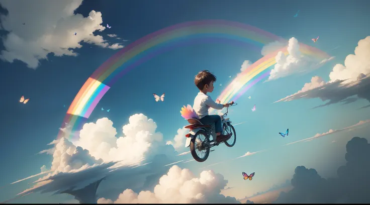 In the skies of a dreamy forest city，Flying little boy flying in the sky with a huge paintbrush，Draw a huge rainbow，The sky is full of white clouds，Painted birds and butterflies flying