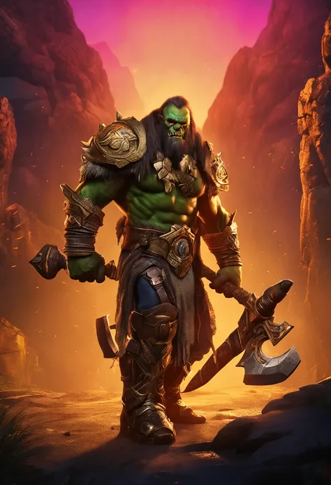 Warcraft Orc 3D World, Illuminated by a golden glow，with an axe，Feel muscle-filled