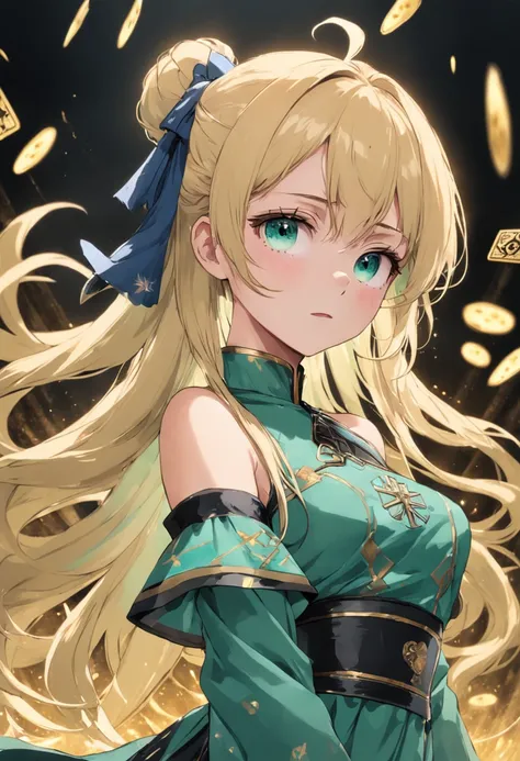 Blonde beautiful girl with double ponytail，Green with a hint of blue eyes，Black belly，bare-legged，Intricate and delicate dress，Tarot cards in hand，Stick out your tongue