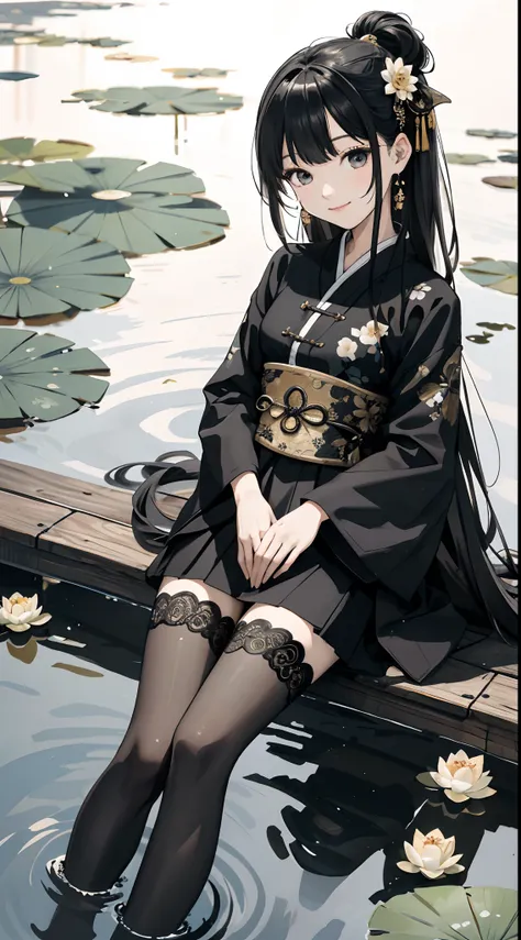 hoang lap，8K high resolution，ultra - detailed，（1girll：1.3），handpainted，Simple lines，16-year-old girl wearing black Chinese clothing，beuaty girl，In the lotus pond，tmasterpiece，Sit on a plank floating in the water，Floating hair，black pantyhoses，black pantyho...