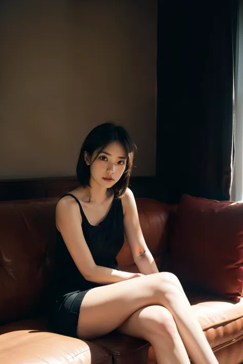 1girl,sitting on a cozy couch,crossing legs,soft light, indonesian