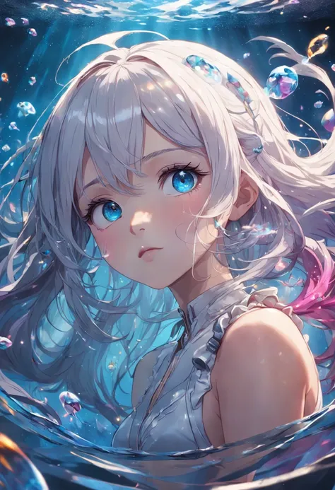 best quality, masterpiece, (realistic:1.2), 1 girl, detailed face, beautiful eyes, [(Transparent background:1.5)::5],(((masterpiece))),(((best quality))),(((extremely detailed))),illustration, 1girl,solo,mysterious,vivid color, shiny, underwater transparen...