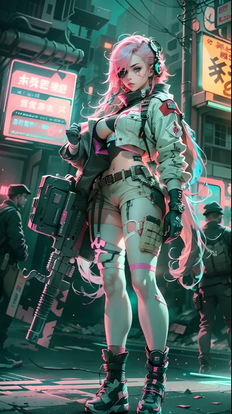 1girl in、Plump body、(Eye patch on one eye)、(Extremely large breasts)、(Bare chest)、(Large military take)、(military weaponry)、(Pink hair)、(Neon City)、(cyberpunked), tmasterpiece、 of the highest quality, cinematric light, Cinema Shadow, Sharp Image, Extremely...