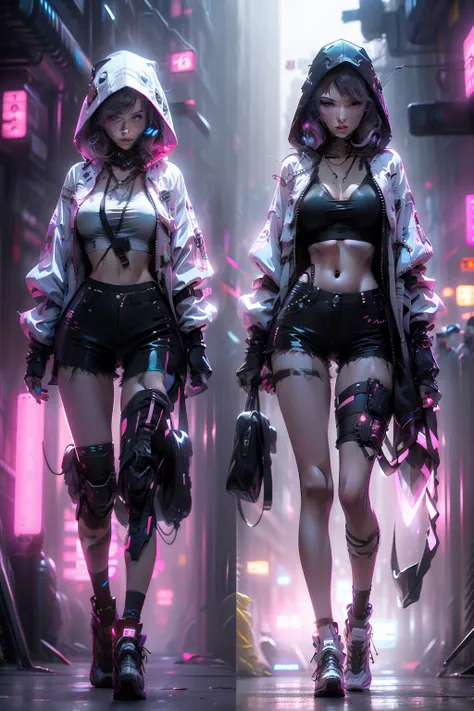 woman，Tall，Realistic 4K，Digital cyberpunk style，Woman wears hoodie，Black bra，White hoodie top，Black leather shorts，high-heels，Headsets，Machine armour wind，Pink and white tones predominate