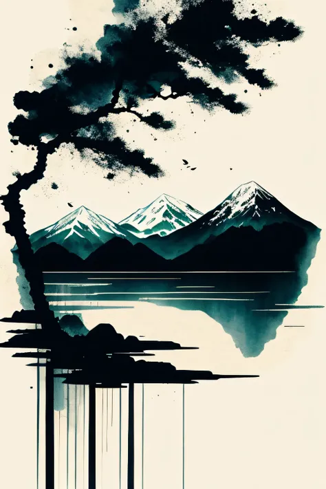 white background, scenery, ink, mountains, water, trees