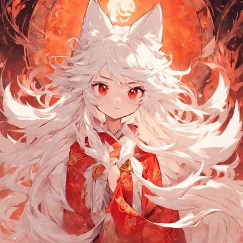 (White background:1.4),(The face of the girls head, Eyes open, Long white hair,White fox ears，There are nine fluffy fox tails，The tail has a fiery red color at the end， Oriental elements)，(Chinese illustration:1.3，paper art:1.3, Quilted paper art:1.2),( re...