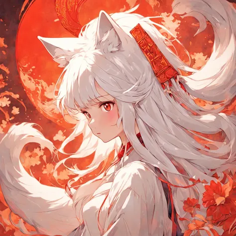 (White background:1.4),(The face of the girls head, Eyes open, Long white hair,White fox ears，There are nine fluffy fox tails，The tail has a fiery red color at the end， Oriental elements)，(Chinese illustration:1.3，paper art:1.3, Quilted paper art:1.2),( re...