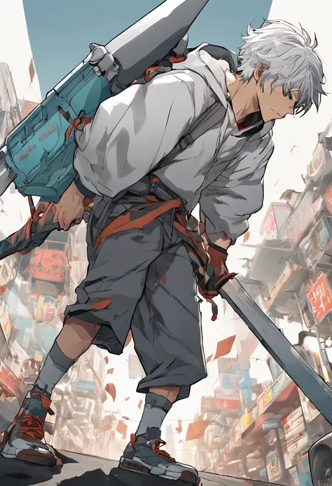 Gray-haired Japanese anime youth, VR glasses, Carrying a giant sword on his back, White hoodie, White shorts, No beard tattoos