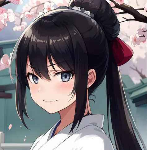 a  girl.  japanese priestess miko. a bathrobe. dark colored hair, pony tail. gray eyes.  stern face. frowning mouth. against the...