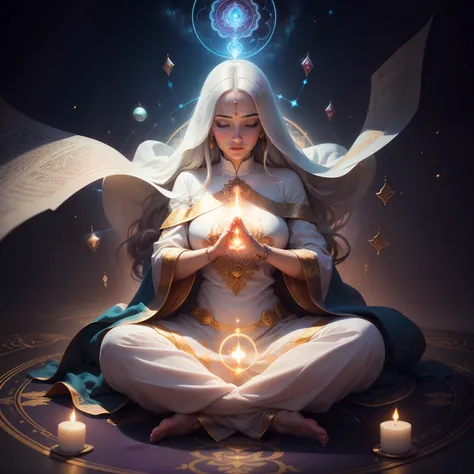 The woman, Practitioner of the Law of Attraction, Spiritual illumination, Pray in meditation, magic, emanating from your palms, The Practice of the Law of Attraction, editing, background is heavenly, Divine vibes, spiritual vibes, mysticism, Divine Cosmic ...