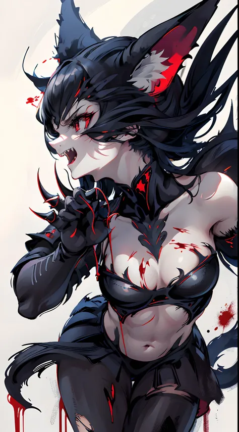 Fierce black cat，Dark red eyes，Close-up of extreme body details,White fangs,Sharp claws，Jump up，blood-stained armor,The armor is tattered,Blood dripping,Blood dripped from the corners of the mouth,True blood,Full body like,Prepare for a raid